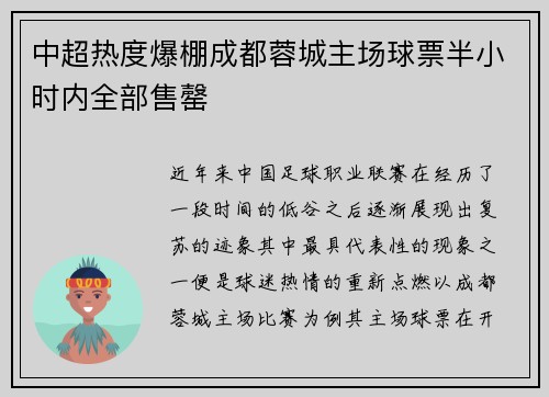 中超热度爆棚成都蓉城主场球票半小时内全部售罄